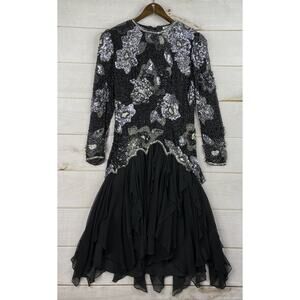 Vintage 80's Black Tie He-Ro Dress Sz 8 Heavily Beaded Sequins 100% Silk Party